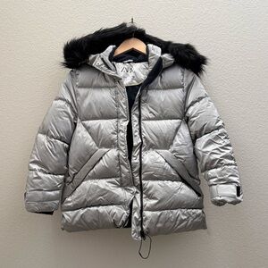 Zara Metallic Silver Puffer Coat with Faux Fur Hood